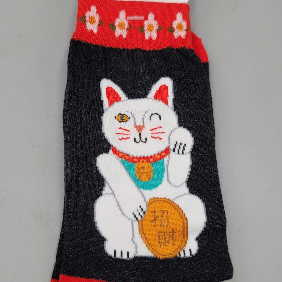 Calcetines Foot Traffic Mujer Zapato Talla 4-10 Negro Rojo Lucky Cat Maneki Neko Foto 2 de 4
