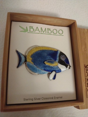 Bambus Steve King Stör Fisch Brosche blau Cloisonné Emaille Sterlingsilber