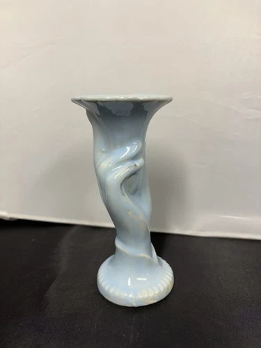 Vintage USA Art Pottery Figural Hand Holding Trumpet Flower Powder Blue Vase