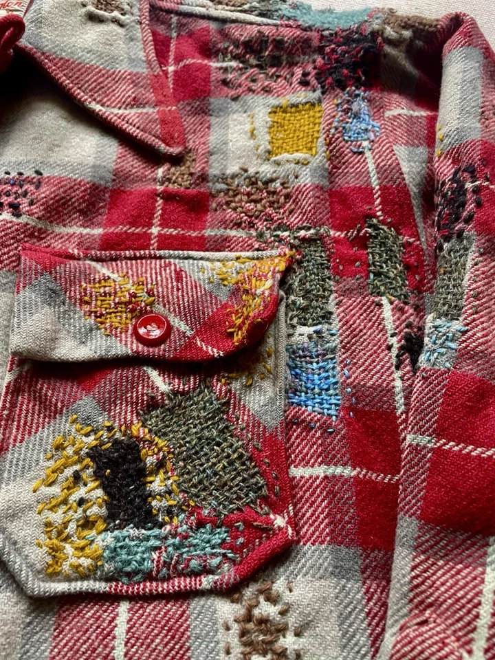 复古 20 世纪 50 年代 Drayton Mended 格子羊毛环领纽扣法兰绒 L 码 — 第 2/4 张图片