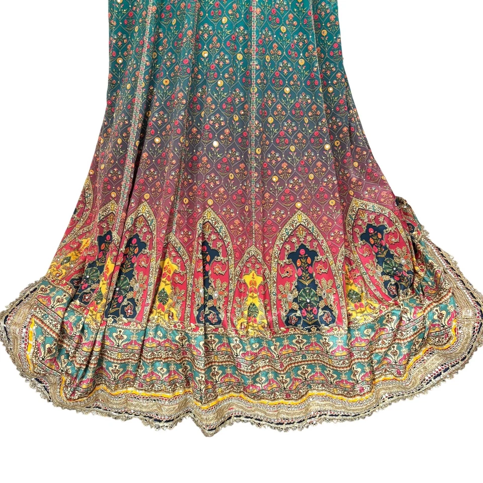 Vestido SATRANGI indiano Anarkali multicolorido brocado espelho trabalho e miçangas GG - Imagem 3 de 4