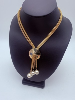 Vintage Mid 20th Century Double Strand Gold Tone Lariat Tassel Necklace