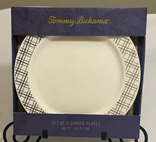 Tommy Bahama Melamine Dinner Plates Gold Stripe Edge Set Of 12 10.25” NIB