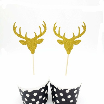 12 Gold Glitter Deer Cupcake Toppers Hunting Birthday Themed Party