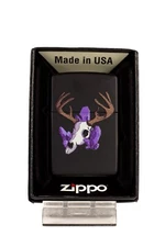 Deer Skull w/ Antlers and Crystals - Black Matte Zippo - Standard Lighter Insert