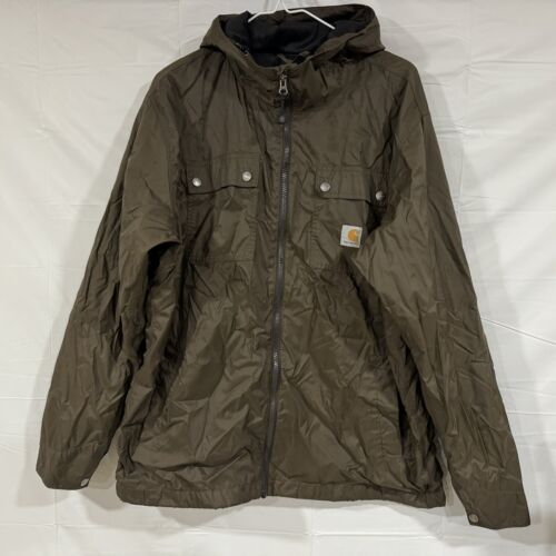 Damaged Carhartt Rockford Mesh Lined Rain Jacket Large Brown Green Nylon Shell - Picture 1 of 15