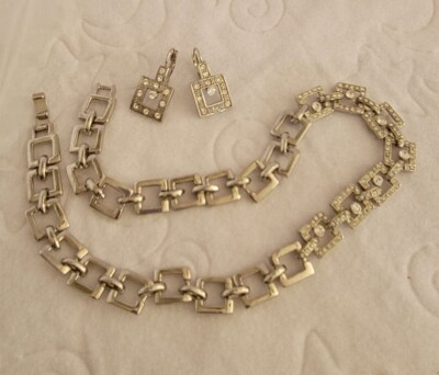 Necklace 16'' Earring 1/2'' Silver Tone Simulated Diamonds Link Vintage