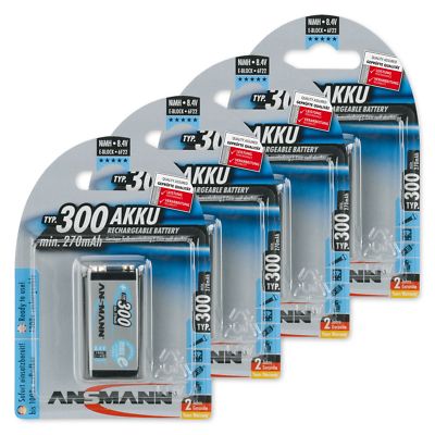 ANSMANN 4-Pack 9V 300 mAh Low Self-Discharge Rechargeable Battery 9 Volt
