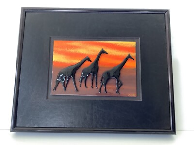 3-D Giraffe Porcelain And Metal Framed Picture Matted In Faux Leather Signed