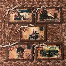 5 Handcrafted Wooden Vintage Style Christmas Ornaments, Hang Tags Set-A