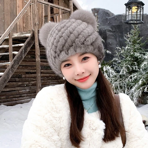 Damen Echt Nerz Pelzmütze Beanie Winter warm Strick Outdoor Mütze mit Fuchspelz Ball - Bild 14 von 24