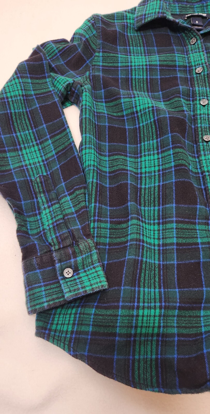 Lands End Womens Button Up Flannel Shirt Green/black/blue Plaid XS 4