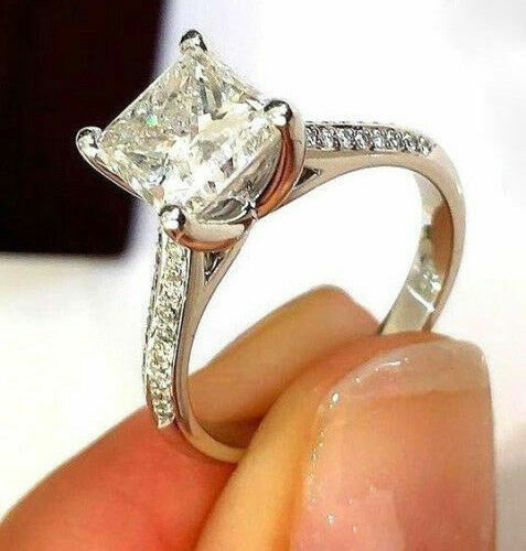 14K White Gold 2.25Ct Princess Cut Simulated Diamond Engagement Ring Size 6-image