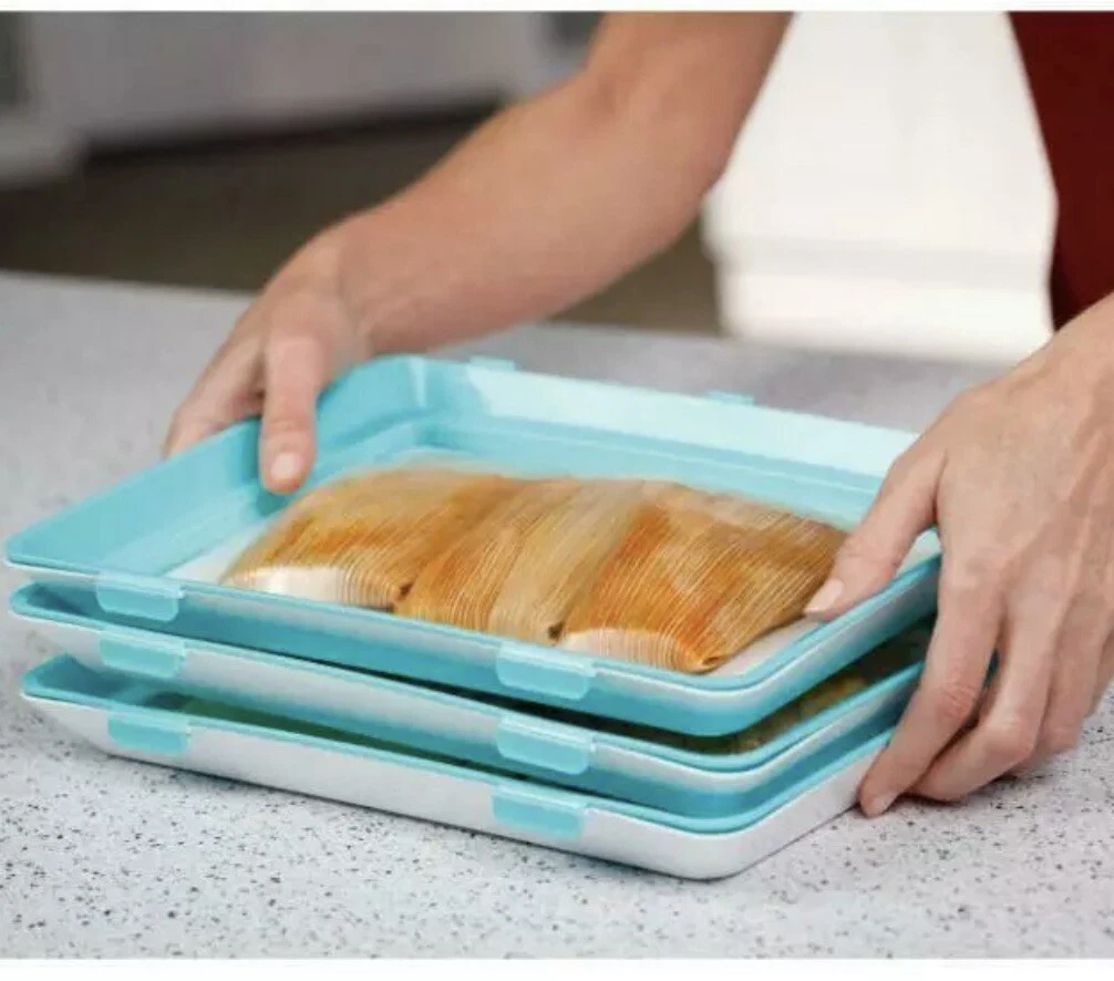 Food Storage Trays Skinny Stacks Space Saving Stacking Stretch Cover Set of 2