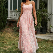 Spaghetti Straps Evening Dresses Lace-up Back Flowers Appliqued Prom Gown Empire