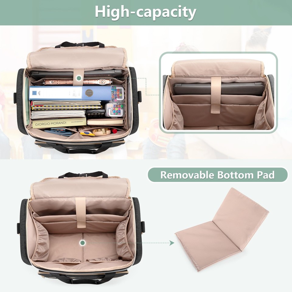 ORKELS Borsa per insegnante con carrello staccabile, borsa per insegnante con ruote per laptop da 17,3 pollici, libri e forniture, spaziosa e resistente, facile manovrabilità (nero