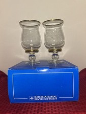 International Silver Company Set Of Two Hurricane Glass Gold Rim Candleholders