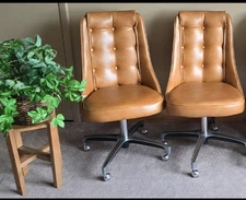 Set 2 Chromcraft Mid Century Modern Swivel Dining Chairs Caramel Vinyl Chrome