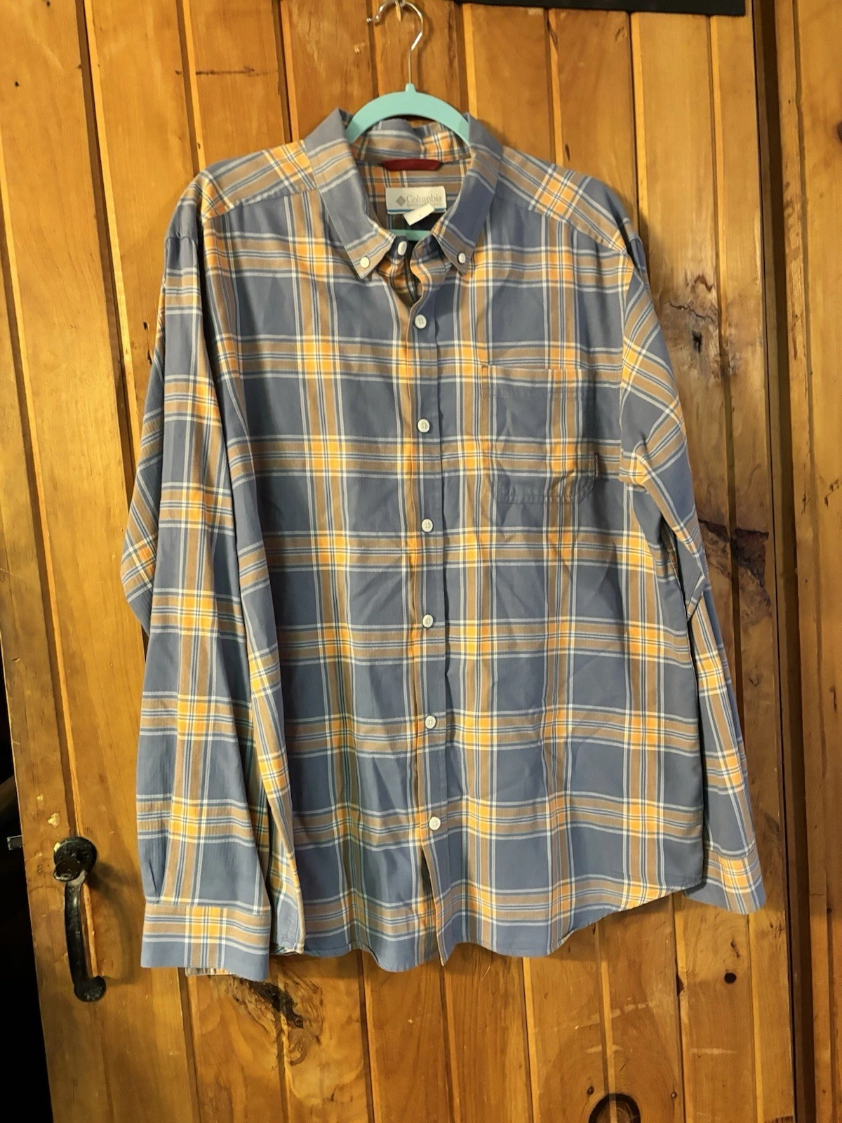 Columbia Shirt Mens Large Blue Orange Plaid Button Down Long Sleeve Comfort