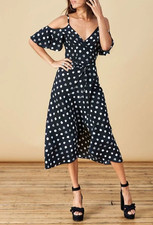 Dancing Leopard Wrap Midi Dress 8 Black White Polka Dot Cold Shoulder Summer