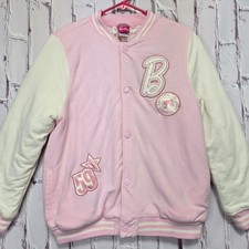 Barbie Pink Varsity Bomber Jacket Cream Sleeves Kids Girls Sz 14/16 Lmtd Edition