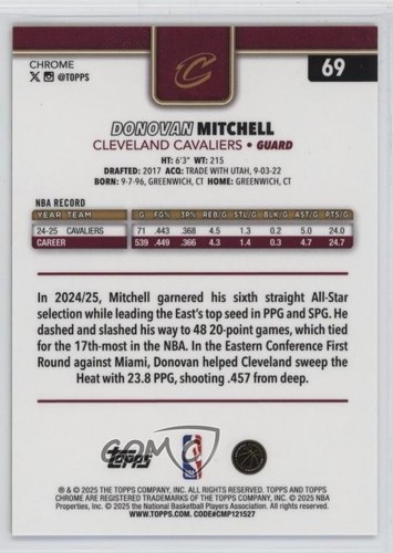 2025-26 Topps Chrome Gold Geometric Refractor 8/50 Donovan Mitchell #69 - Picture 2 of 3