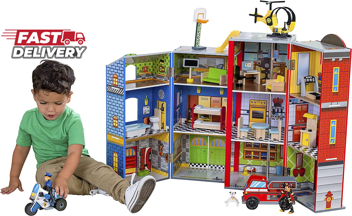 Kidkraft Everyday Heroes Wooden Playset, 3-Story with 26-Piece