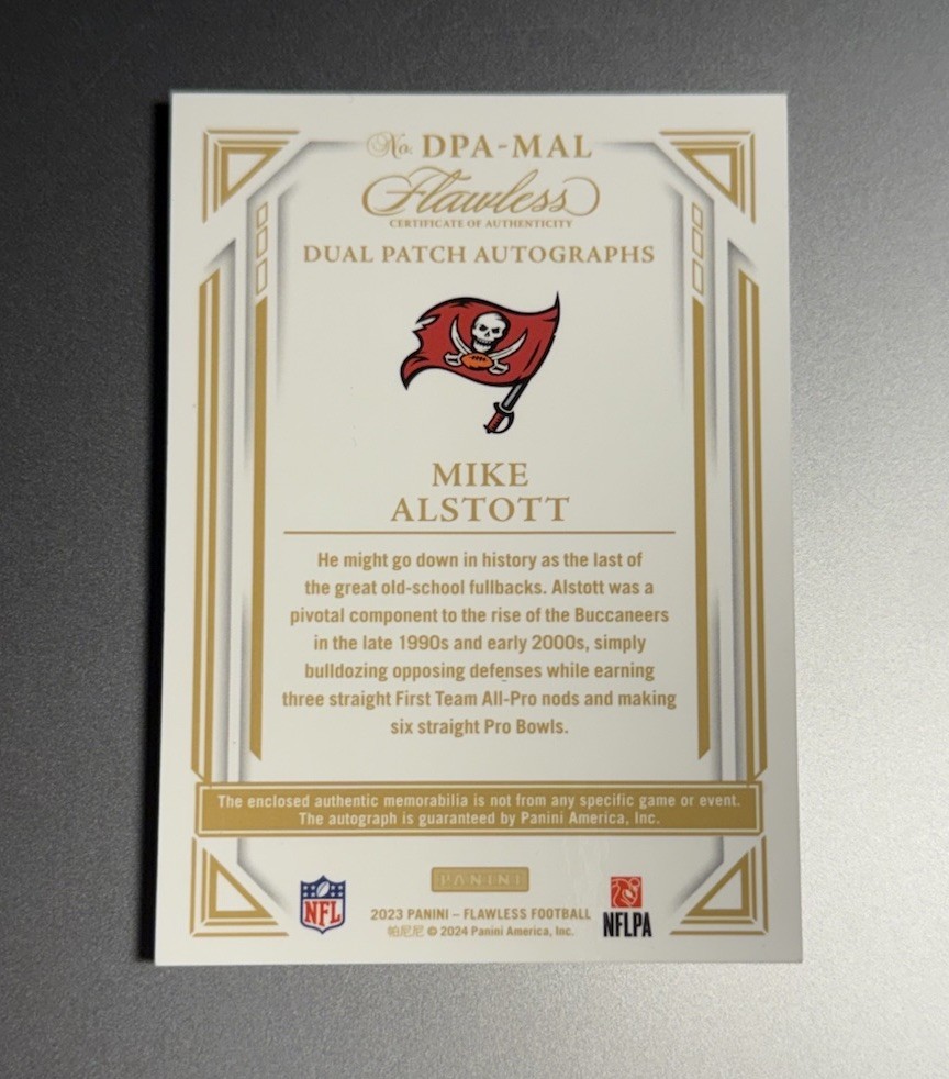 Mike Alstott 2023 Flawless 1/1 Dual Nike Swoosh Patch Auto SSP Tampa Bay Bucs view 2