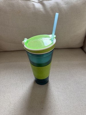 Snackeez 16 oz Spill Proof Tumbler Snack Cup Flip Top Lid w/ Straw Green/Blue