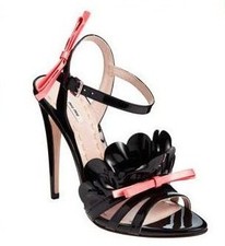 MIU PRADA Sky High Scallop Bow Patent Pump Sandals Shoes Black Pink 40-10-9.5 px