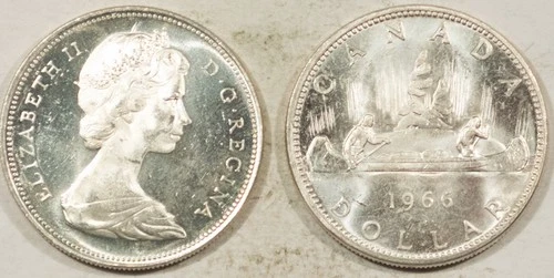 1966 CANADA SILVER DOLLARS, ROLL OF 20 COINS, FRESH BRILLIANT UNCIRCULATED 12 OZ