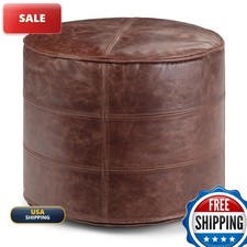 SIMPLIHOME Connor 18" Wide Round Pouf Distressed Brown Genuine Leather