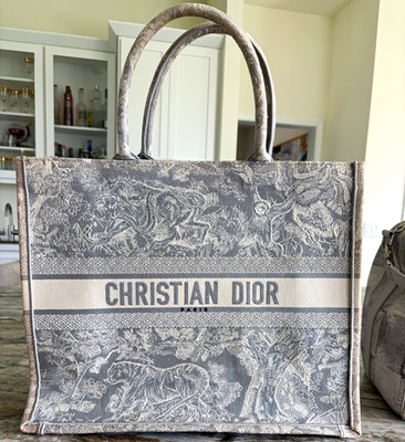 Dior Gray White Toile De Jouy Book Tote Style Tote Bag Top Handle Logo