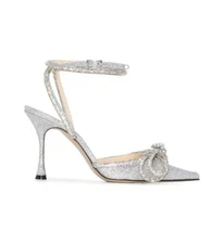 Mach & Mach Double Bow Crystal-Embellished Silver Glitter High Heel Pumps 38