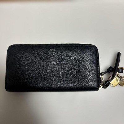 Chloe Black Leather Zip Wallet Model Long Wallet with Gold Charm Authentic