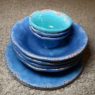 Pier 1 Carmelo Melamine Blue Rustic Crackle Plates Bowls Snack Dish LOT of 9