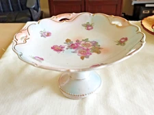 Vintage Compote Plate on a Pedestal Hand Painted Flowers on a Gold Gilt