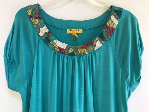 Bliss & Gratitude Rayon Boho Shirt Beaded RoundNeck Blouse Short Sleeve Green XL - Picture 2 of 18