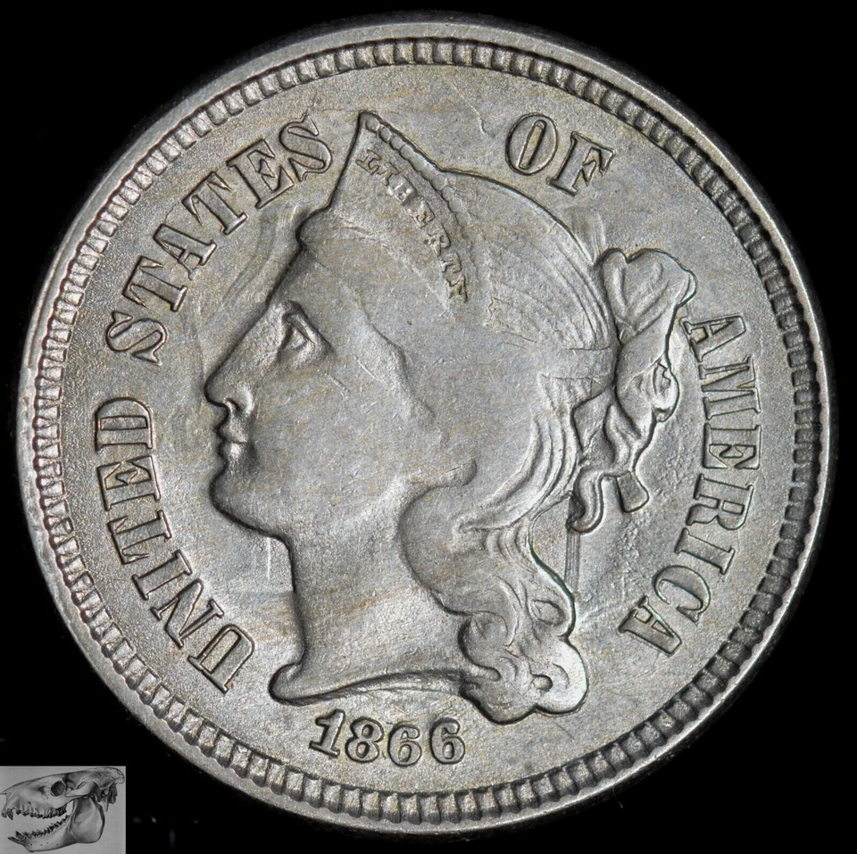 1866 Three Cent Nickel, Trime, Almost Uncirculated+ Condition, Brokage, C6723 - Image 2 of 3