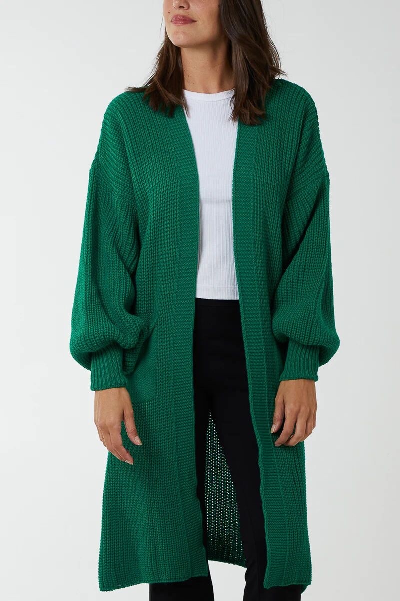 Longline Bottle Green Double Pocket Knitted Cardigan Made In UK