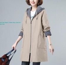 Plus Size Women Trench Coat Mid Length Hooded Jacket Spring/Fall Solid Outerwear