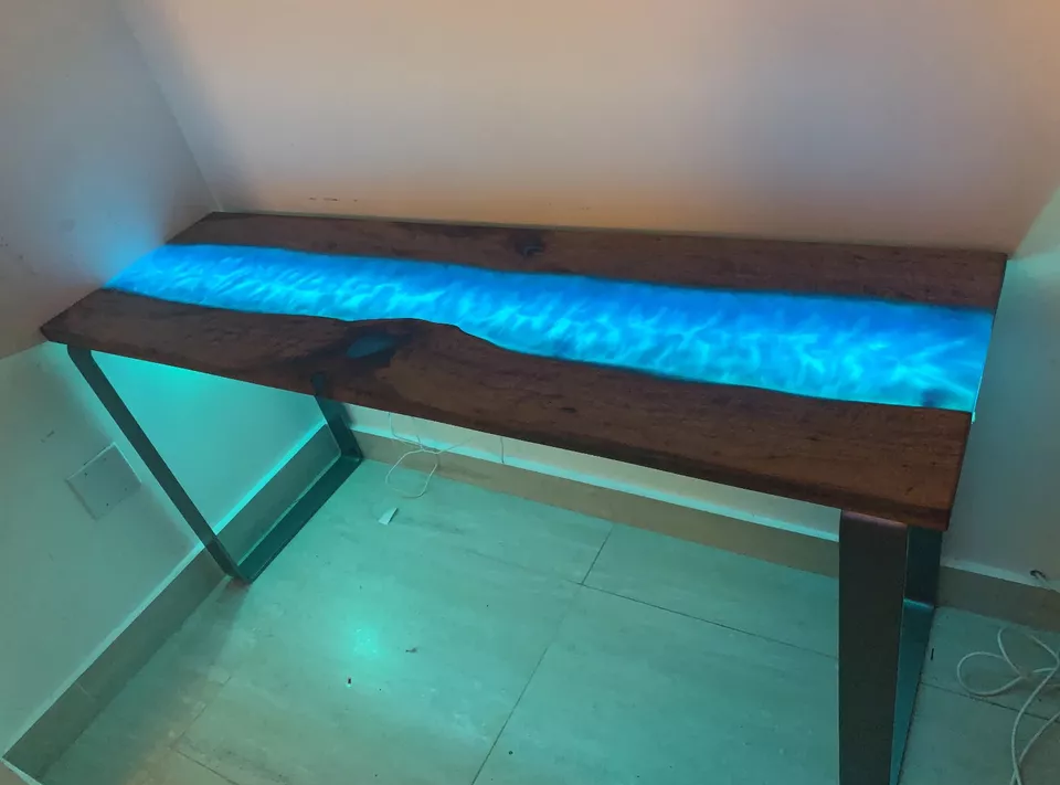 Blue Epoxy Resin Console Table Handmade Rectangle Acacia Wood Centerpiece Decors