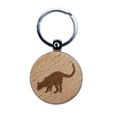 Curious Cat Solid Engraved Wood Round Keychain Tag Charm