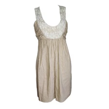MOLLY NEW YORK Tan White Lace Detail Linen Blend Dress Womens Size 6