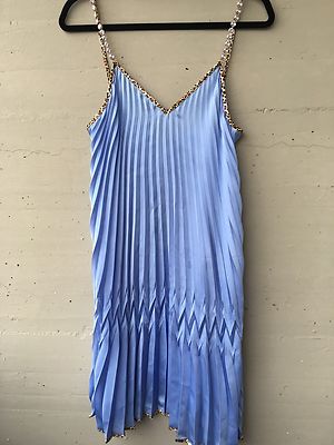 NWT Just Cavalli Blue Pleated & Animal Print Rain Stone Straps  Dress Sz 40 S M