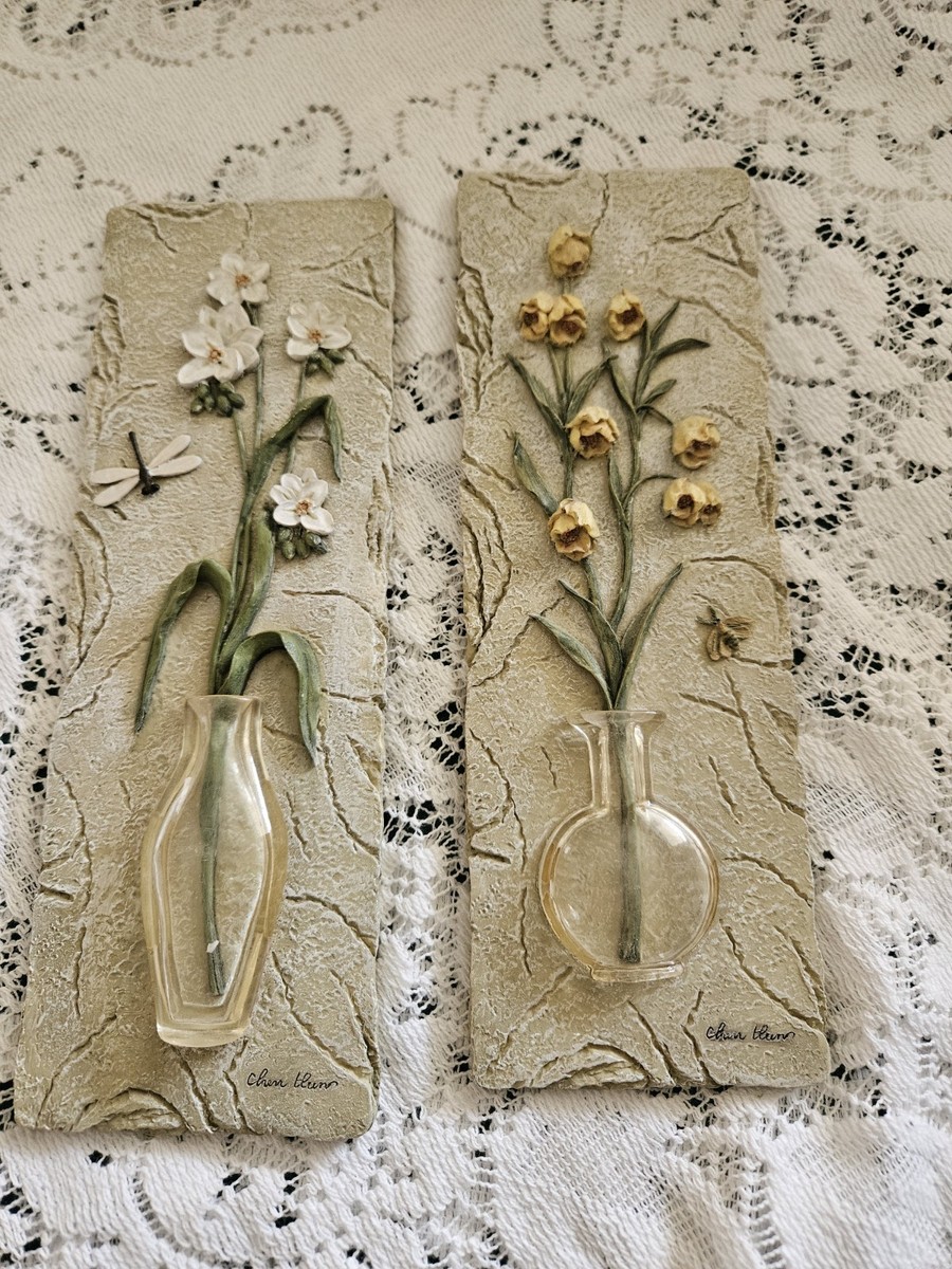 Cheri Blum Pair Of 3D Floral Themed Art Wall Hangings Resin 