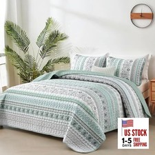 Boho Quilt Set Size,3 Piece Bohemian Striped Bedspread Coverlet Queen Green