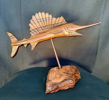 Vintage Hand Carved Swordfish Statue Hawaiian Hardwood Sculpture 8.5" Wide