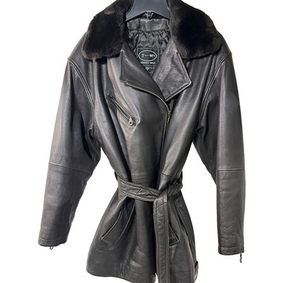 Vintage Tannery West Womens Small Jacket Dark Brown Leather Belted Fur Collar