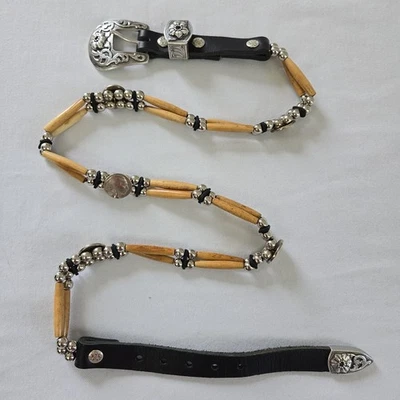 VTG 90s Western Native American Belt Bone Bead Indian Head Nickel Concho 36 - Image 1 of 4